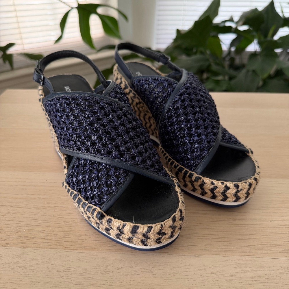 Donald Pliner Lotti Navy Blue Woven Espadrille Wedge Sandals Size 8.5M